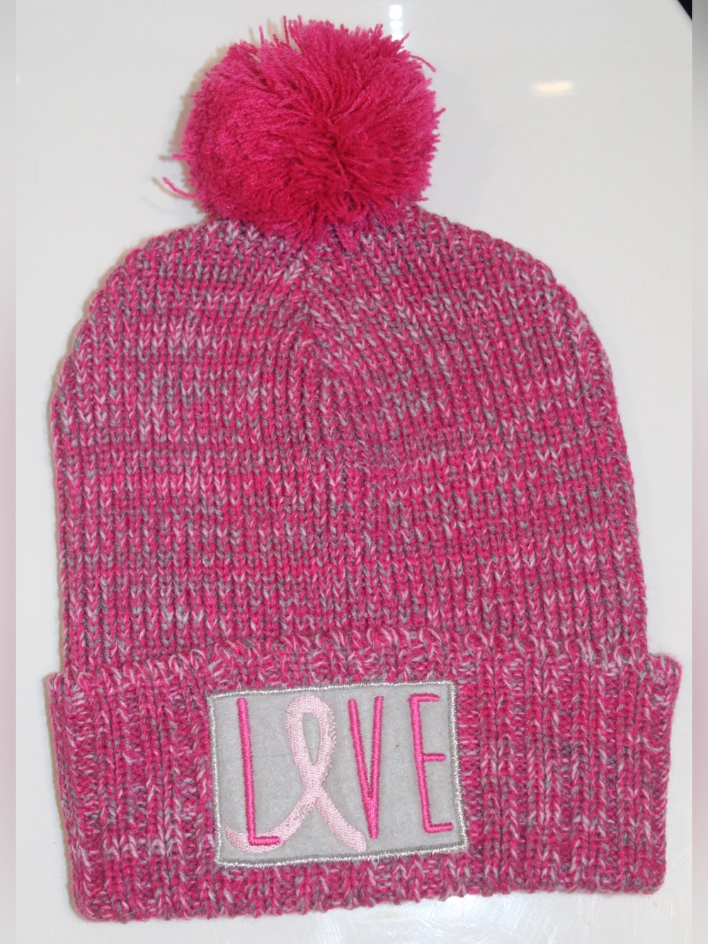 Breast Cancer Awareness Pink Knit Pom Beanie Hat LOVE Ribbon Cuffed Toboggan